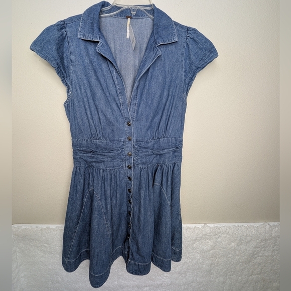 Free People Chester Dress Womens Large Stretch Denim Flutter Sleeve Sparkle 8 - Picture 3 of 15